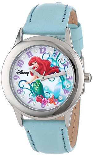 Disney Kids W000957 Tween Ariel Glitz Stainless Steel Light Blue Leather Strap Watch