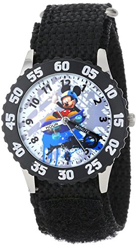 Disney Kids W001015 Mickey Stainless Steel Time Teacher Watch with Black Nylon Strap