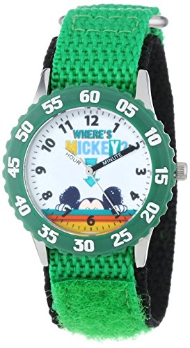 Disney Kids W001017 Mickey Stainless Steel Time Teacher Watch with Green Nylon Strap