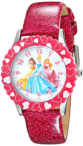 Disney Kids W001801 Princess Stainless Steel Watch with Pink Glitter Faux Leather Band