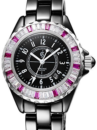 VKK Damen Pink Kristall Luenette Saphir Arabisch Dial Analog 39 mm grosses Gesicht schwarz Keramik Armband Quarzuhr