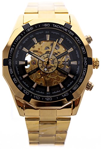 Neue Marke Mall Herren Skelett Automatik Golden Armbanduhr mit Edelstahl Armband Armbanduhr