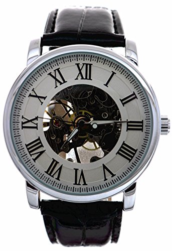 Elegante Steampunk Herren Mechanische Armbanduhr aufziehbar roemischen Silber Weiss