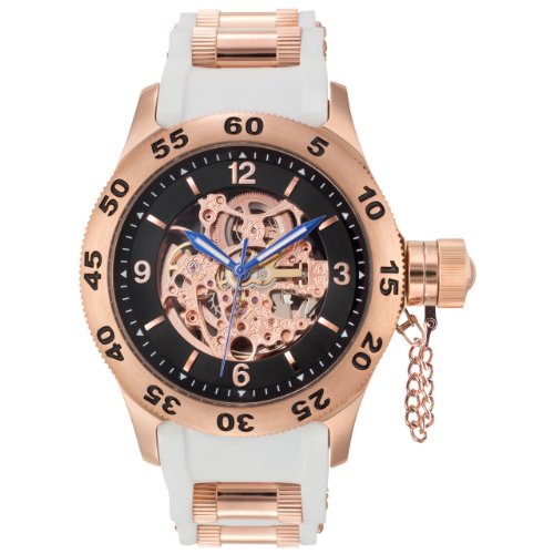 Rougois Rose Gold Automatic Skeleton Naval Diver Watch White Band