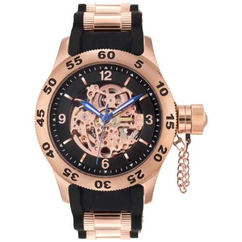 Rougois Rose Gold Automatic Skeleton Naval Diver Watch Black Band
