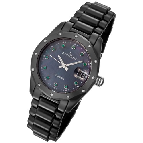 Rougois Black Ceramic Watch with Diamonds and Green Emeralds