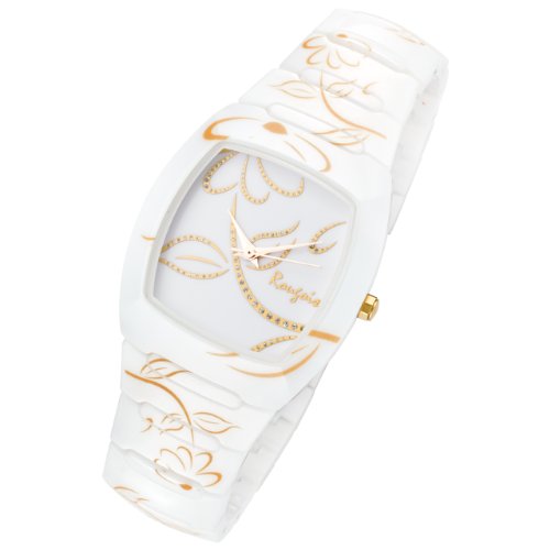 Rougois Ladies Bloom Series White Ceramic Watch Gold Accents