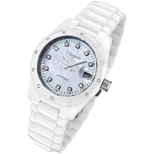 Rougois White Ceramic Watch with 23 Diamonds and Mother of Pearl Dial