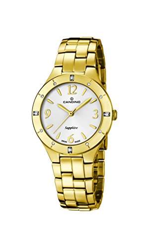 Candino Damen Quarzuhr mit weissem Zifferblatt Analog-Anzeige und Gold Edelstahl vergoldet Armband C45721