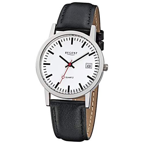 Regent Damen Herren-Armbanduhr Elegant Analog Leder-Armband schwarz Quarz-Uhr Ziffernblatt weiss URF794