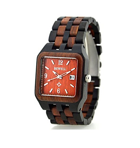 Niceshop quadratisch Holz Armbanduhren verstellbar schwarz rot Uhren mit Datum Kalender Funktion fuer Herren