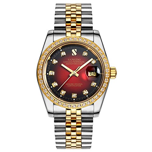 topwatch sangdo Herren diamond accented Luenette rot Zifferblatt bicolor Band automatische mechanische Armbanduhr