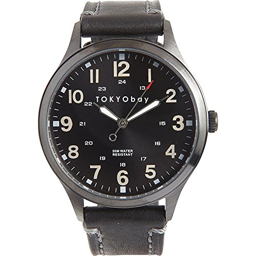Tokyobay T227 BK Herren Edelstahl Mason Schwarzes Lederband Schwarzes Zifferblatt Watch