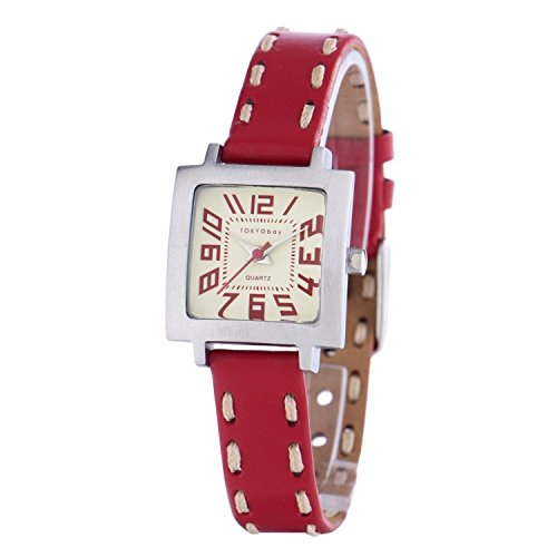 Tokyobay T205 RD Damen Edelstahl rote schlanke Lederband weisses Zifferblatt Watch