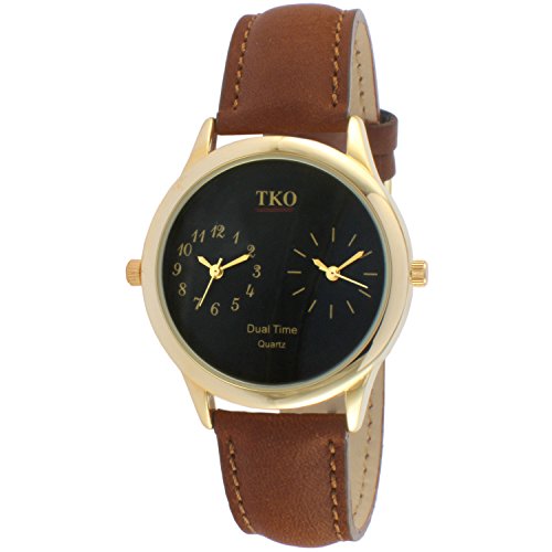 TKO Dual Time Zone Gold Armbanduhr Braun Leder Tragegurt fuer World Traveler oder Flugbegleiter tk657br