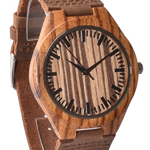 tamlee Fashion Walnuss Holz Armbanduhr fuer Herren Quarz Analog Uhr mit Lederband Japanisches Uhrwerk