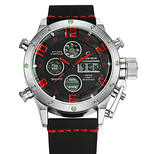 tamlee PU Dual Time Multifunktions Digital Analog Sport Armbanduhr 3bar Wasserdicht im Militaer Stil Silber Rot