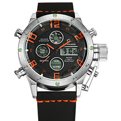 tamlee PU Dual Time Multifunktions Digital Analog Sport Armbanduhr 3bar Wasserdicht im Militaer Stil Silber Orang