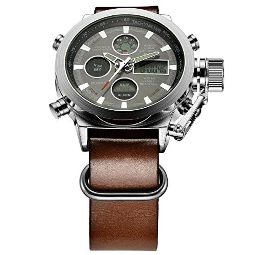 tamlee Herren Digital Analog Military Sport Armbanduhr mit echtem Leder 3bar Wasserdicht Uhr