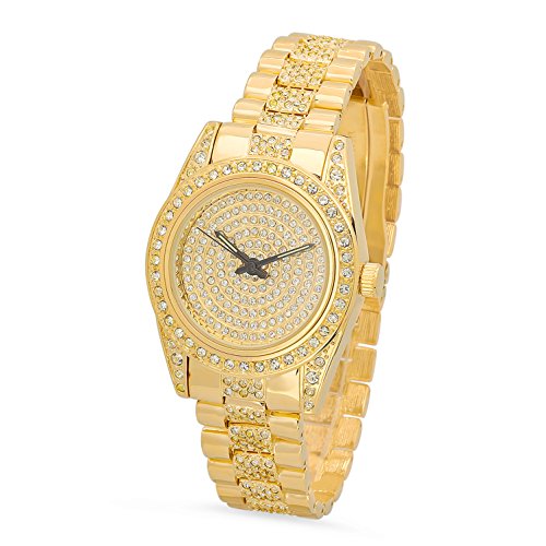 Gold Plated Geneve Elegante Iced Out CZ Dial Watch w CZ Bezel CZ Band