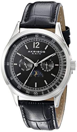 Akribos XXIV Herren-Retro-Edelstahl schwarz Lederband Armbanduhr