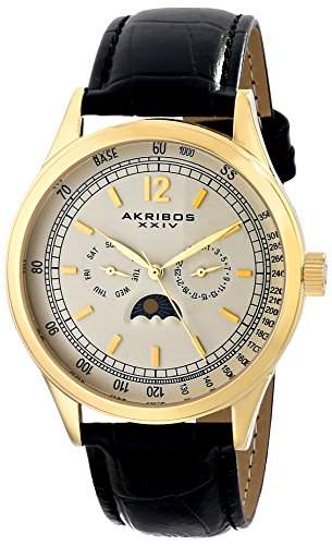 Akribos XXIV Herren Retro Multifunktions-goldfarbene Edelstahl schwarz Lederband Armbanduhr