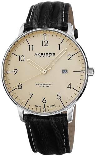 Akribos XXIV Herren Retro Swiss Quarz creme Zifferblatt Edelstahl schwarz Lederband Armbanduhr