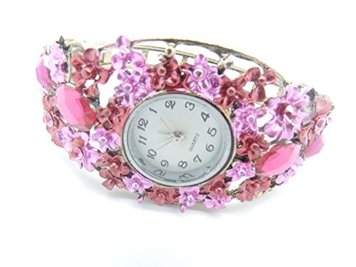 Pink Rot Blumen Damen Fashion Armreif Armbanduhr
