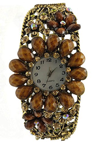 Braun Stein Kristall Floral aufklappbaren Damen Fashion Armbanduhr