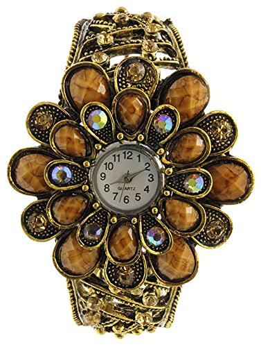 Braun Ton Glas Gem Kristall Blume aufklappbaren Damen Fashion Armbanduhr