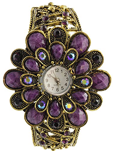 Glas lila Gem Kristall Blume aufklappbaren Damen Fashion Armbanduhr