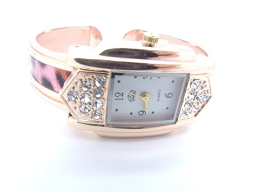 Gold Kristall Pink Schwarz Animal Print Damen Fashion Armreif Armbanduhr