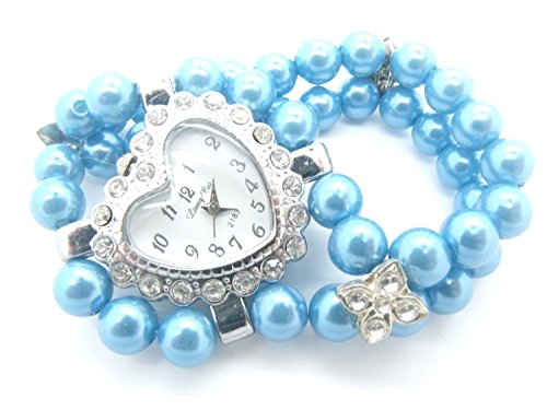 Blue Pearl Bead Kristall Herz Damen Fashion Armbanduhr