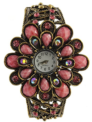 Pink Glas Gem Kristall Blume aufklappbaren Damen Fashion Armbanduhr