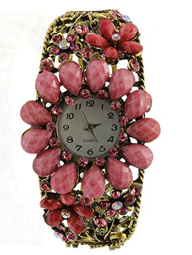Rosa Stein Kristall Floral aufklappbaren Damen Fashion Armbanduhr