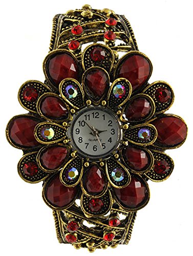 Rot Glas Gem Kristall Blume aufklappbaren Damen Fashion Armbanduhr