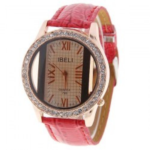Rot Leder rund Kristall Zifferblatt Damen Fashion Armbanduhr