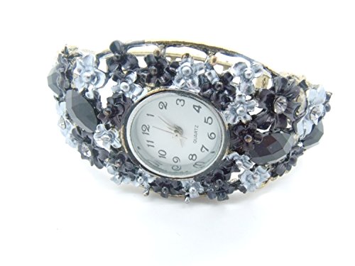 Grau Schwarz Blumen Damen Fashion Armreif Armbanduhr