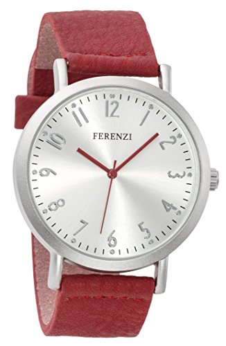 ferenzi Damen Fashion Minimalist Silber Uhr mit Rot weichem PU Leder Band fz17104