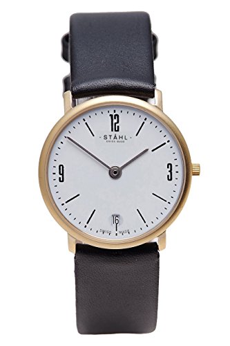 Stahl Swiss Made Armbanduhr Modell st61219 vergoldet klein 27 mm Fall Arabisch und Bar weiss Zifferblatt