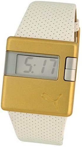 Puma Sirius Unisex Weiss Lederband und Gold LCD Zifferblatt Armbanduhr
