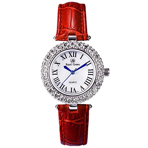 Royal Crown Schmuck Diamant Armbanduhr Rund Zifferblatt 6305l rot Lederband Armbanduhr fuer Frauen