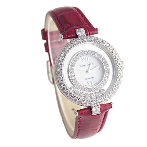 Royal Crown Armbanduhr 3628I Damenschmuck wasserdicht rundes Zifferblatt Lederband rot