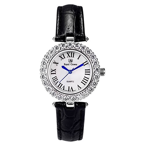 Royal Crown Diamant Damenarmbanduhr rundes Zifferblatt 6305L schwarzes Lederband