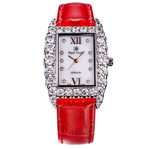 Royal Crown Damen Schmuck Diamant Uhr rechteck Zifferblatt 6111l rot Lederband Armbanduhr
