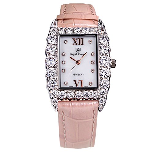 Royal Krone Strass Rechteck Zifferblatt 6111l Pink Leder Strap Armbanduhr