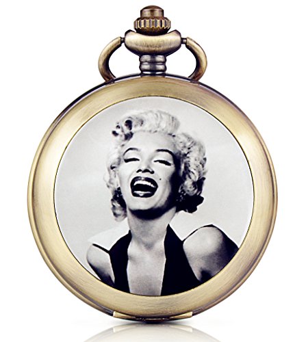 Unendlich U Marilyn Monroe Retro Handaufzug Mechanische Taschenuhr Schwarzes Zifferblatt Skelettuhr Pullover Halskette Foto Medaillon beide Ketten