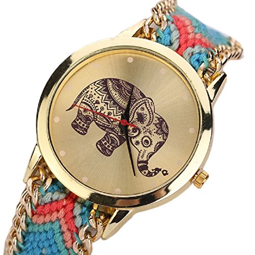 Ularma Damen Armband Uhr Retro Elefanten Muster Exquisit Analog Quarz Uhr Golden Zifferblatt Rot Blau