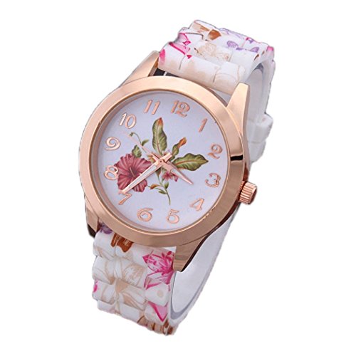 Ularma Mode Arabische Ziffern Silikon Armband Analog Quarz Uhr mit schoenen Blumen Rosa