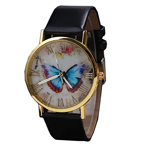 Ularma Frauen Schmetterling Muster Zifferblatt mit Roemische Zahlen Kunstleder Armband Uhr schwarz